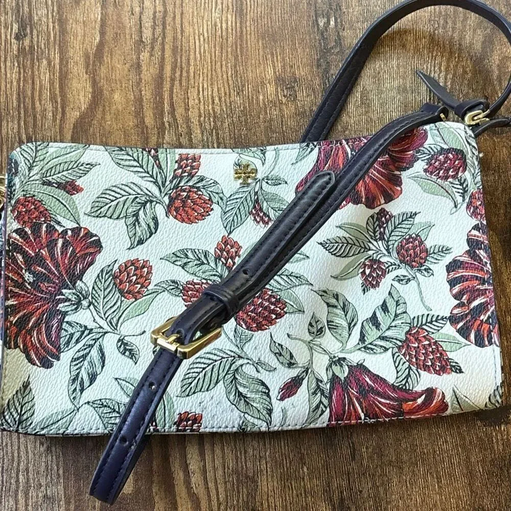 Tory Burch Kerrington navy green red Evergreen floral crossbody purse bag